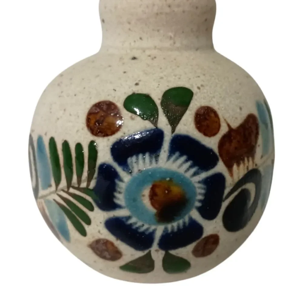 Tonala Pottery Bud Vase MINI Mexico Floral Sandstone Handpainted Signed Western.